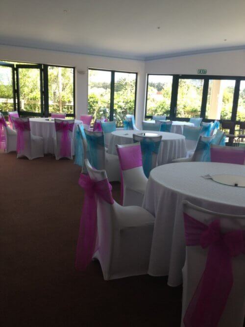 White wedding chair covers and sashes