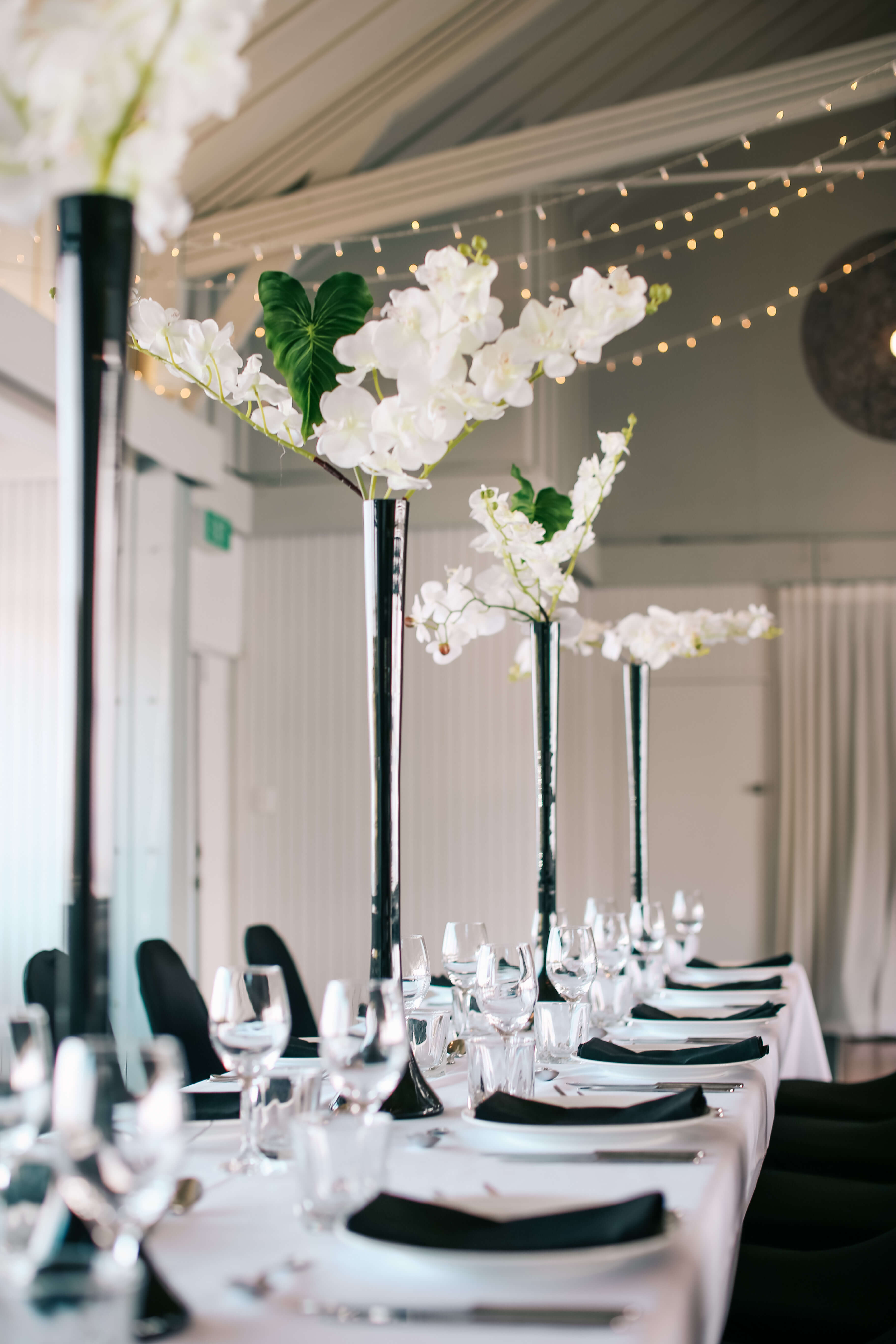 black and white themed table setting