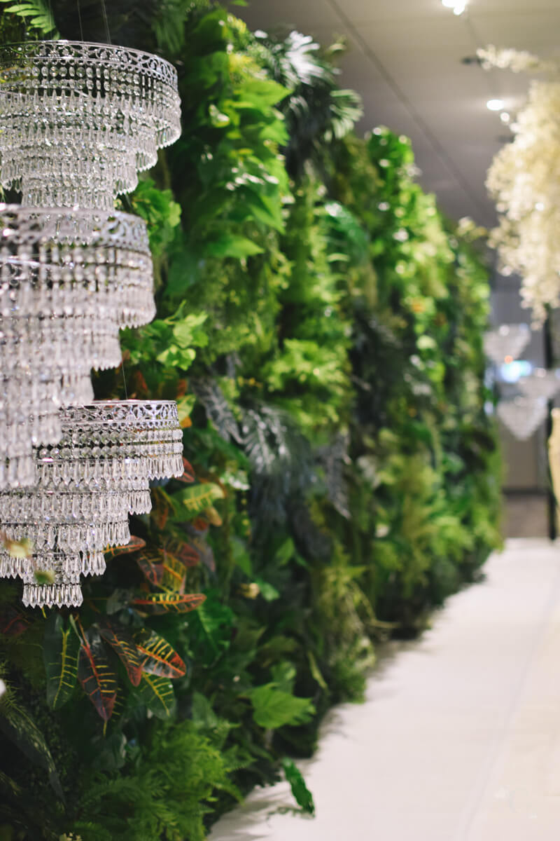 Hanging Chandelier with lush green wall