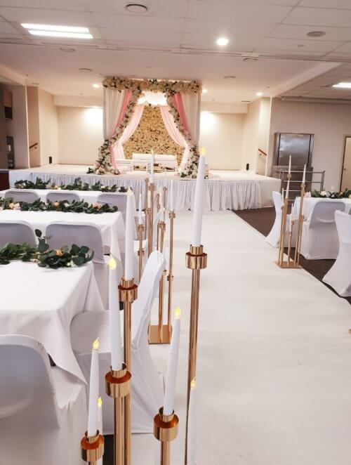 Temple Wedding Setting with whte carpet aisle